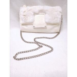 Longchamp Shoulder Crossbody Bag Ivory Patent Leather White Rabbit Fur Glam VNTG